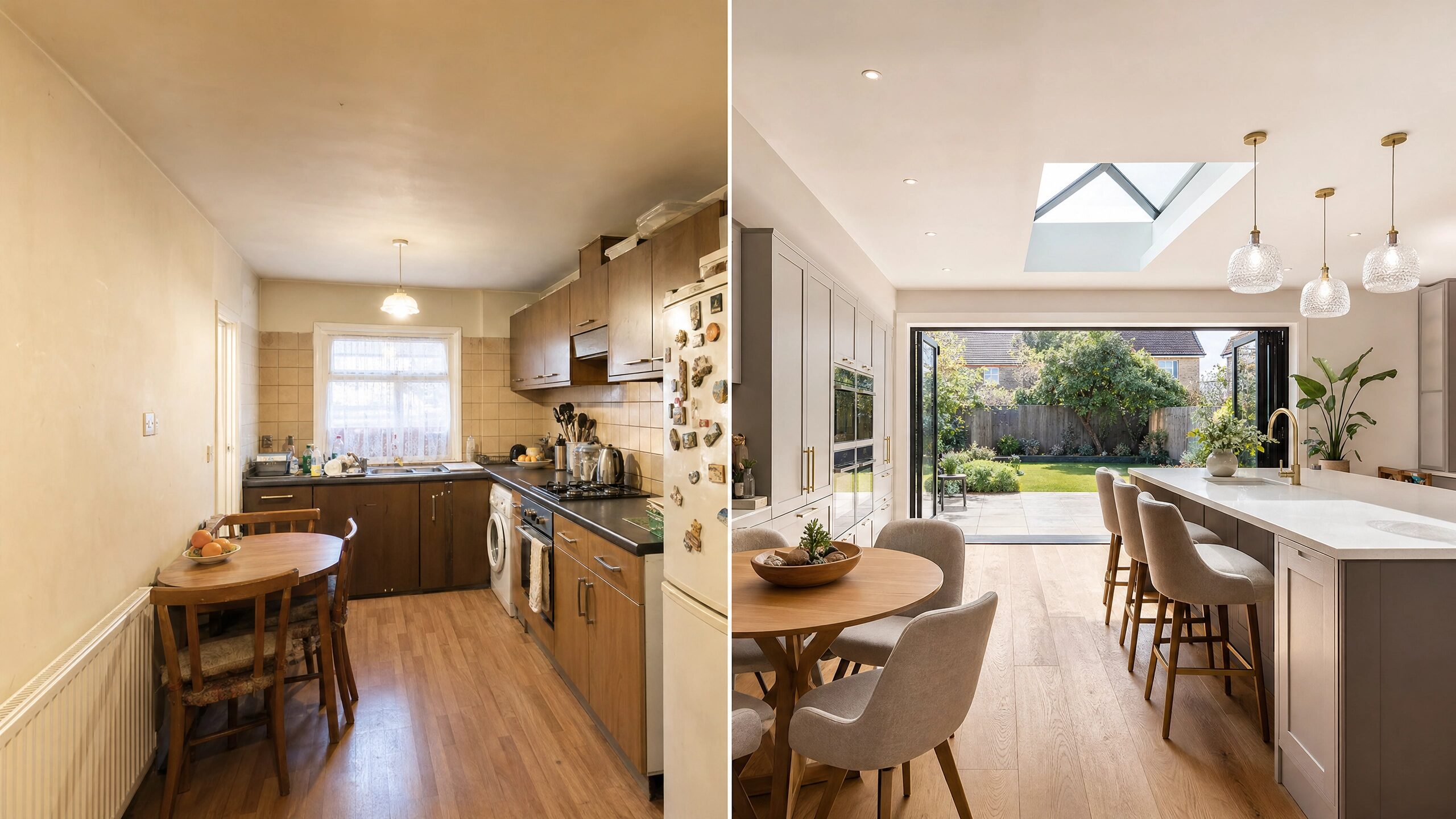 Before and after kitchen extension by Greenways Sussex — old cramped kitchen transformed into open-plan kitchen-diner with lantern roof and bifold doors